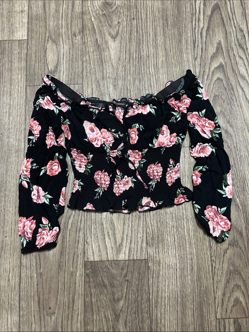 Almost Famous Black Off-Shoulder Smocked Crop Top with Pink Rose Print